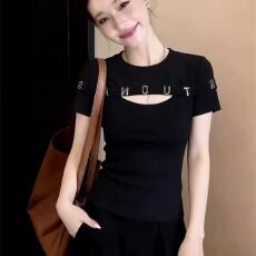 批发性感镂空T恤女短袖2026<b class='q'>夏季</b>新款时尚字母圆领上衣修身半袖体恤衫