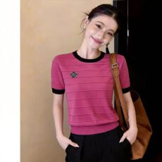 批发2026新款韩系撞色圆领<b class='q'>条纹</b>短袖修身显瘦减龄百搭通勤休闲针织上衣