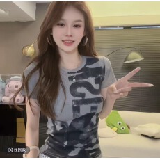 批发韩系字母印花圆领短袖T恤女2026夏季新款修身显瘦短款<b class='q'>打底</b>衫<b class='q'>上衣</b>