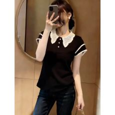批发法式高级感正肩短袖<b class='q'>t</b><b class='q'>恤</b>女2026夏季新款<b class='q'>蕾丝</b>翻领复古黑色收腰上衣