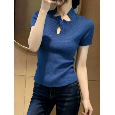 批发独特<b class='q'>针织</b>衫设计感上衣女夏季薄款修身气质漂亮蓝色短袖t恤巨好看