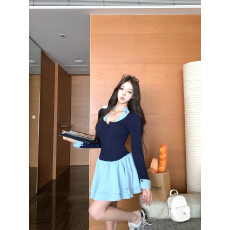 批发实价实拍 <b class='q'>假两件</b>拼接撞色显瘦时尚长袖蓬蓬<b class='q'>连衣裙</b>