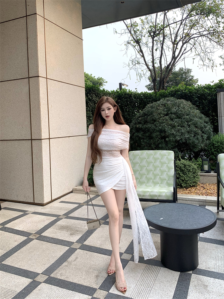 정가 실사 보트넥 레이스 조각 하이웨이스트 슬림해 보이는 리본 불규칙 드레스