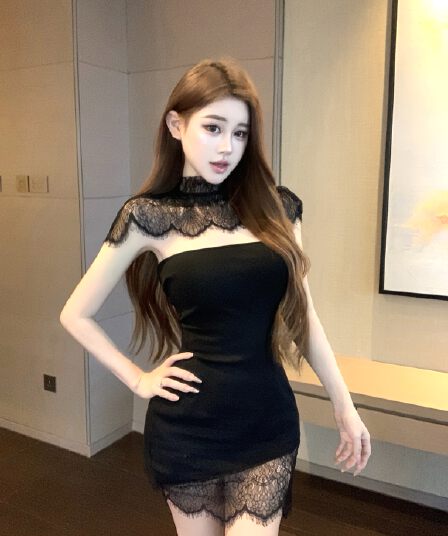 정가 실사 레이스 조각 튜브탑 순수한 욕망 허리 수축 슬림해 보이는 타이트 스커트 품격 미니 스커트