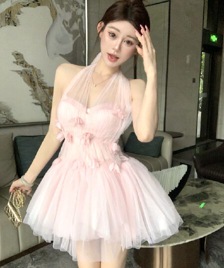정가 실사 행침 목 오프숄더 튜브탑 망사 패치워크 꽃 하이웨이스트 슬림해 보이는 퍼프 드레스