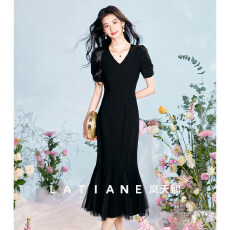 批发天鹅连衣裙女2026春夏宴会法式长裙步步生花高级感v领优雅女士