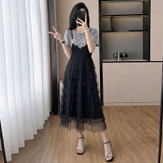 批发实拍复古<b class='q'>宫廷</b>高级感蕾丝拼接假两件吊带新款蛋糕裙女