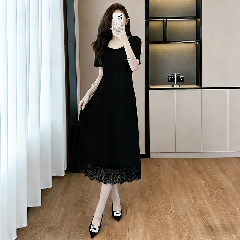 miss sa 품격 레이스 V넥 반팔 여성 드레스 여름 마이크로 지방 슬림해 보이는 치마