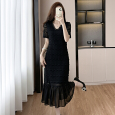 批发大码<b class='q'>高端</b>轻奢蕾丝肌理感<b class='q'>连衣裙</b>2025夏季优雅气质胖mm超显瘦小黑裙