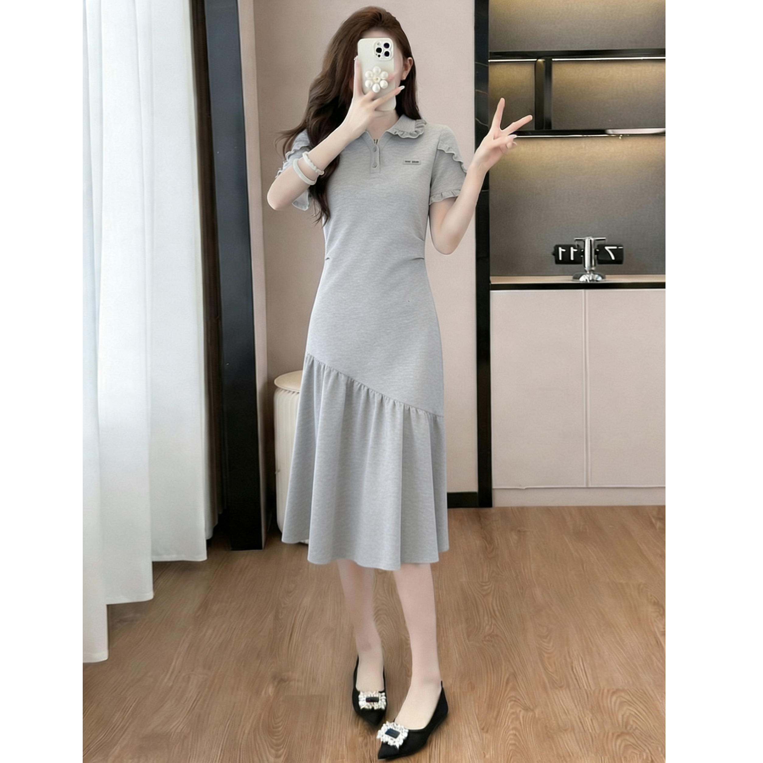 RY3291# 时尚高级设计师夏季气质女装拼接重工褶皱显瘦连衣裙