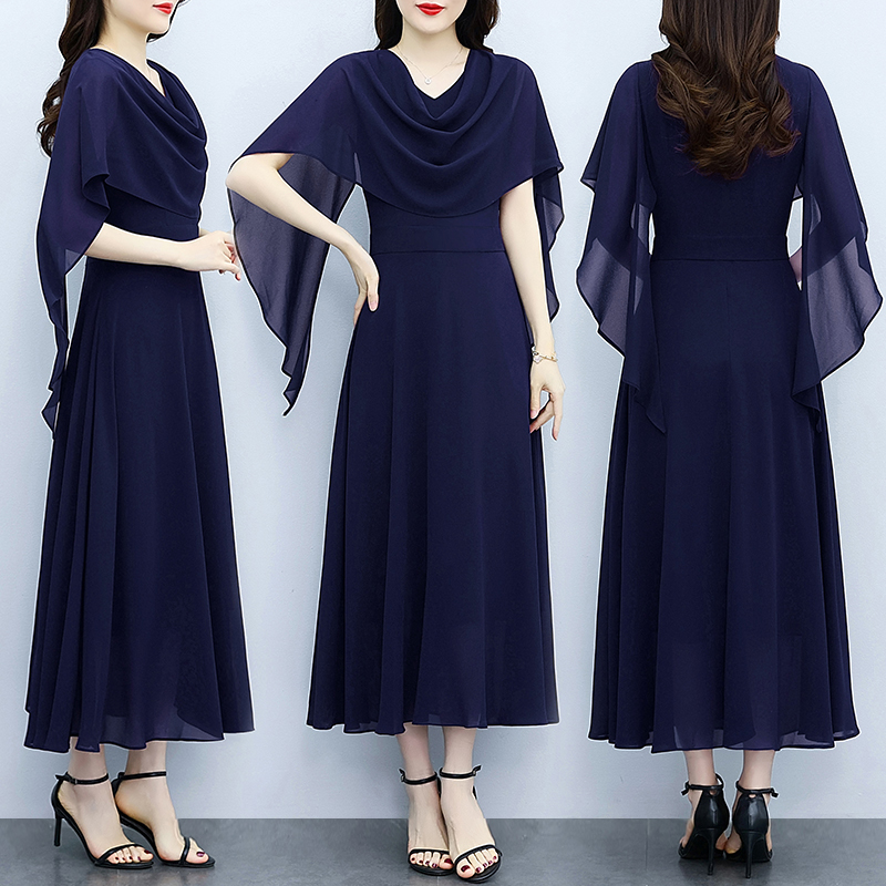 RY3594# 藏蓝色气质显白连衣裙2026年春夏新收腰显瘦设计感假两件长裙
