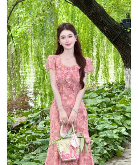 lili 리 리 가족 장미 속삭임 프랑스식 낭만주의 휴가 바람 프릴 드레스 핑크색 인어 꼬리 롱 스커트