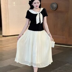 批发【南笙】法式赫本千金风显瘦洋气波点蝴蝶结T恤丝光半身裙<b class='q'>两件</b>套