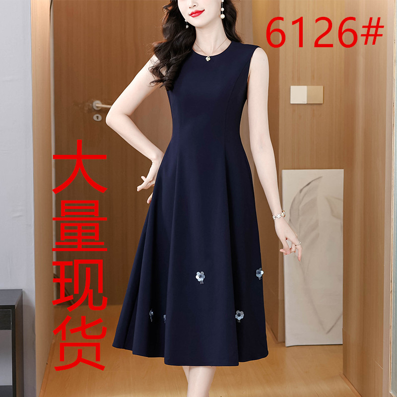 RY3289# 优雅商务深蓝大摆连衣裙女早春精致立体花无袖中长裙子