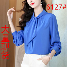 批发商务通勤系带领垂感衬衫<b class='q'>春</b>职场宽松缎面蓝色T恤上衣女