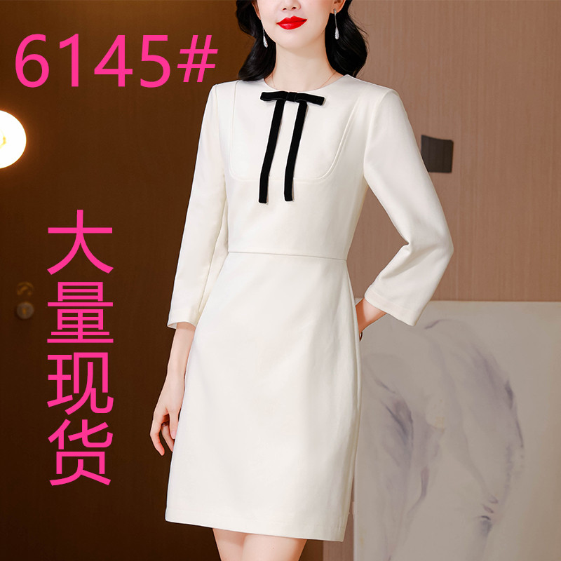 BY34885# 轻熟小香风七分袖连衣裙女秋端庄杏色蝴蝶结圆领A字裙  服裝批發女裝批發服飾貨源