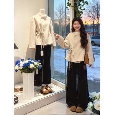 批发入冬搭配一整套韩系穿搭小香风<b class='q'>蕾丝</b>蝴蝶结毛呢外套休闲裤两件套装