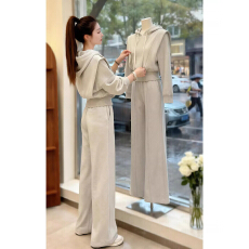 批发2025巨好看的秋装韩系百搭<b class='q'>休闲</b>慵懒风花灰色连帽卫衣裤子两件套女