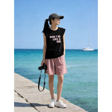 批发2026新款小个子网红减龄洋气字母印花无袖<b class='q'>t</b>恤短<b class='q'>裤</b>两件套装女夏季