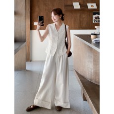 批发高级感老钱风穿搭套装女夏<b class='q'>时尚</b>V领蕾丝马甲上衣+高腰阔腿裤两件套