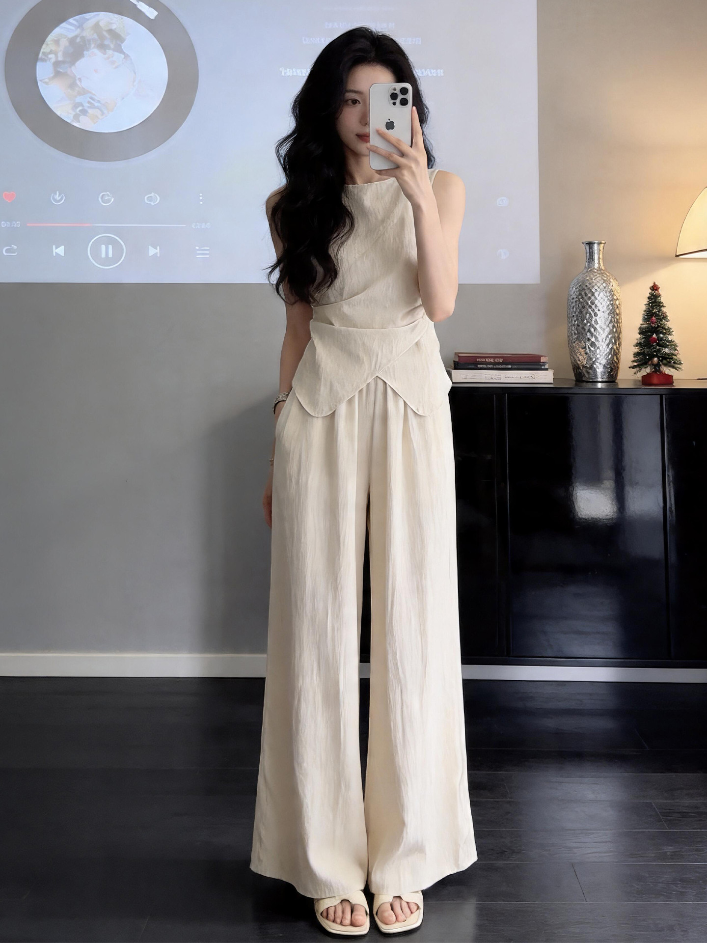 한 부서 자이언트 잘 생긴 ootd 착용 가져 가라. 전체 집합 2026 새로운 민소매 맨위 여성 여름 와이드 레그 팬츠 투피스 슈트