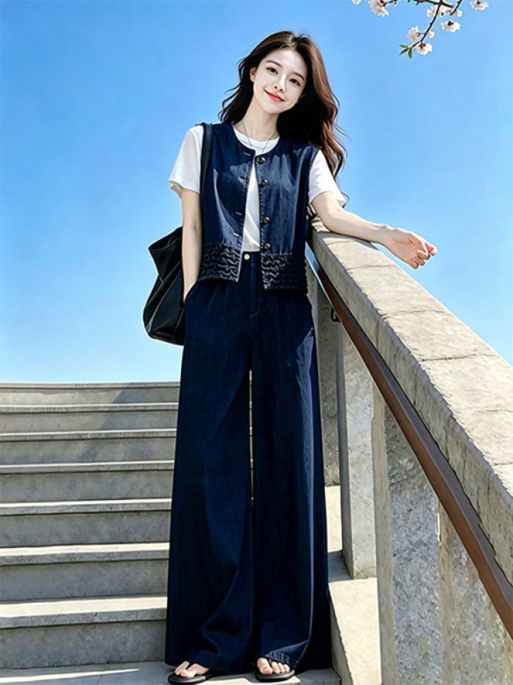 품격 전체 집합 ootd 착용 가져 가라. 연령 감소 캐주얼 운동 고급 센스 베스트 반팔 와이드 레그 팬츠 세 조각 여성 세트 여름