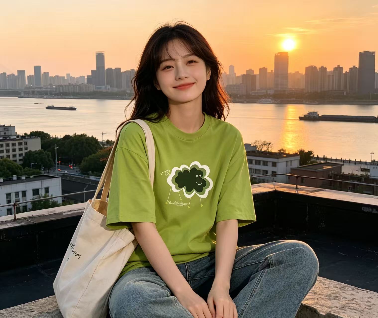 한 부서 미니멀리즘 신선함 녹색 만화 웃는 얼굴 구름 티셔츠 루즈핏 슬림해 보이는 일상 출퇴근 다용도 라운드 넥 맨위