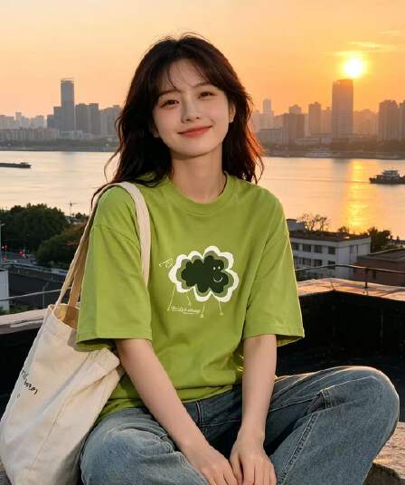 한 부서 미니멀리즘 신선함 녹색 만화 웃는 얼굴 구름 티셔츠 루즈핏 슬림해 보이는 일상 출퇴근 다용도 라운드 넥 맨위