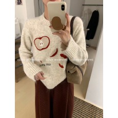 批发美式高街趣味苹果圆领长袖针织衫秋冬设计感慵懒风百搭套头上衣