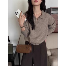 批发韩系v领毛衣外穿女秋冬新款宽松慵懒风针织polo衫通勤套头上衣<b class='q'>潮</b>