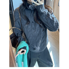 批发慵懒老钱风灰色高领套头毛衣女秋冬韩系高级感宽松加厚针织<b class='q'>衫</b>上衣