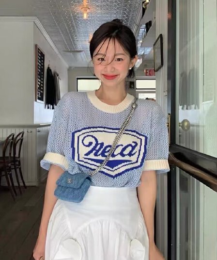 한국 ins 보 주님 fever 같은 단락 aeca 루즈핏 파란색 홀로우 아웃 니트 스웨터 반팔 맨위 티셔츠 여성 여름