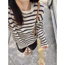 批发chic韩系撞色条纹冰丝针织长袖t恤女夏季设计感小众独特漂亮上衣