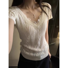 批发古早美女感V领镂空微透修身显瘦针织t恤校花纯欲重工氛围感<b class='q'>针织衫</b>