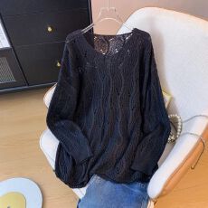 批发慵懒风缕空V领<b class='q'>针织衫</b><b class='q'>大码</b>宽松长袖上衣春秋高级感减龄毛衣女