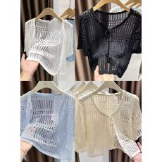 批发蓝色镂空针织<b class='q'>短</b>袖防晒开衫女夏季冰丝薄款配吊带裙子外搭海边外套