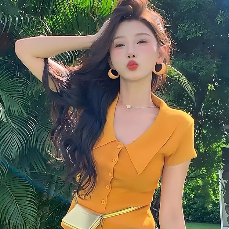 폴로 칼라 싱글 줄 버튼 몸매 가꾸기 단색 반팔 니트 스웨터 2026 여름 새로운 레트로 도파민 품격 맨위 여성