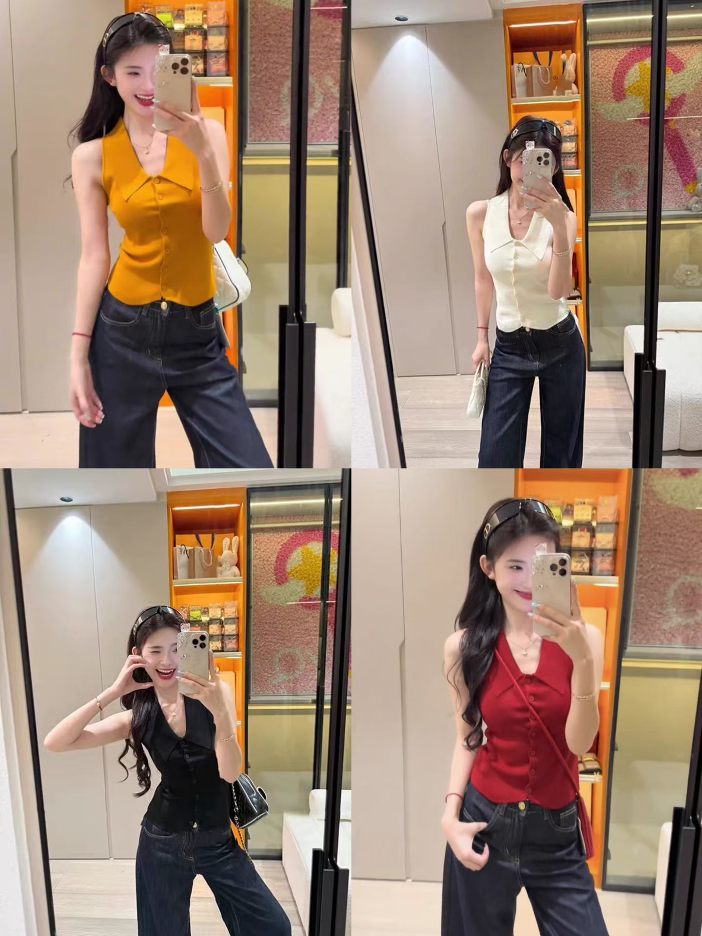 레트로 주황색 POLO 칼라 민소매 니트 티셔츠 여성 여름 쇼트 스타일 품격 폴로 칼라 조끼