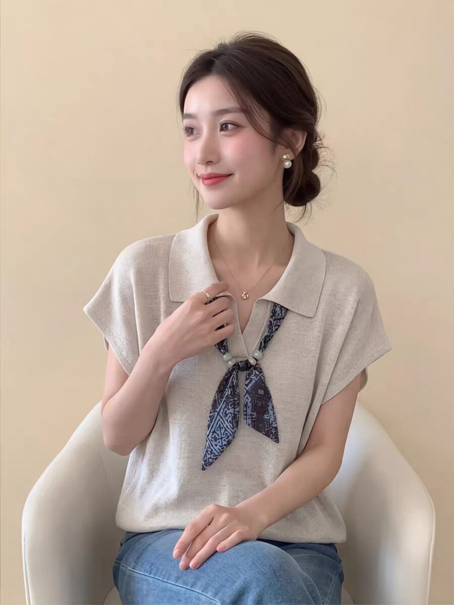 한 부서 회색 POLO 칼라 스카프 니트 반팔 티셔츠 여성 2026 여름 새로운 디자인 센스 작은 대중 다용도 맨위