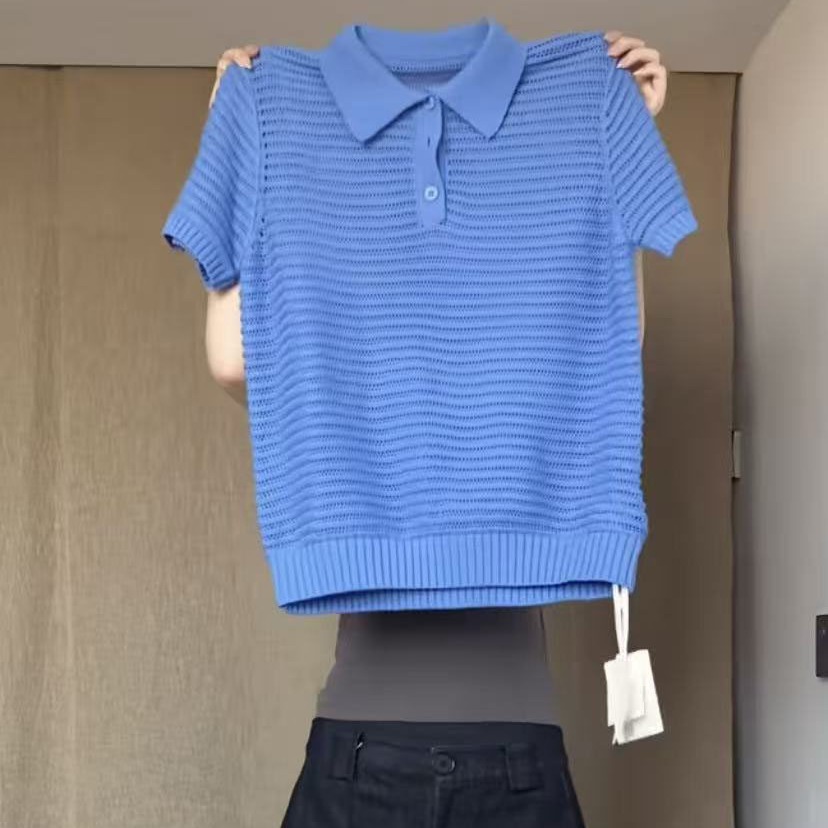 한 부서 POLO 칼라 긍정적 인 어깨 반팔 니트 스웨터 여성 여름 얇은 스타일 홀로우 아웃 디자인 센스 작은 대중 루즈핏 폴로 칼라 맨위
