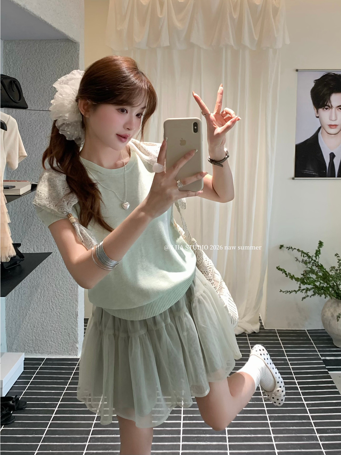 yjia 한 부서 신선함 스카프 박하 녹색 니트 스웨터 반팔 맨위 스카프