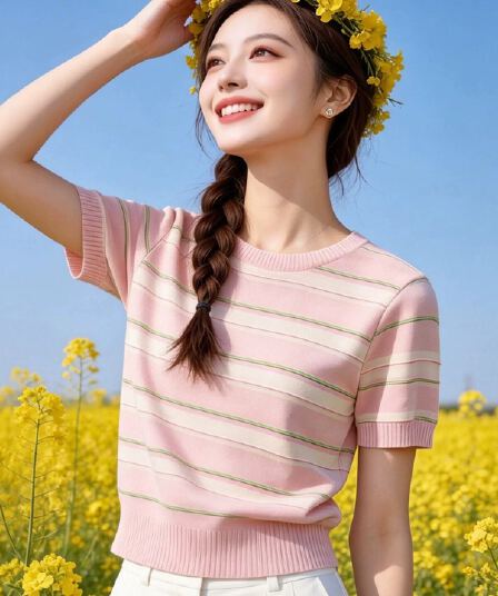 귀여운 달콤함 배색 스트라이프 반팔 티셔츠 여성 2026 여름 새로운 작은 키 루즈핏 캐주얼 긍정적 인 어깨 의류