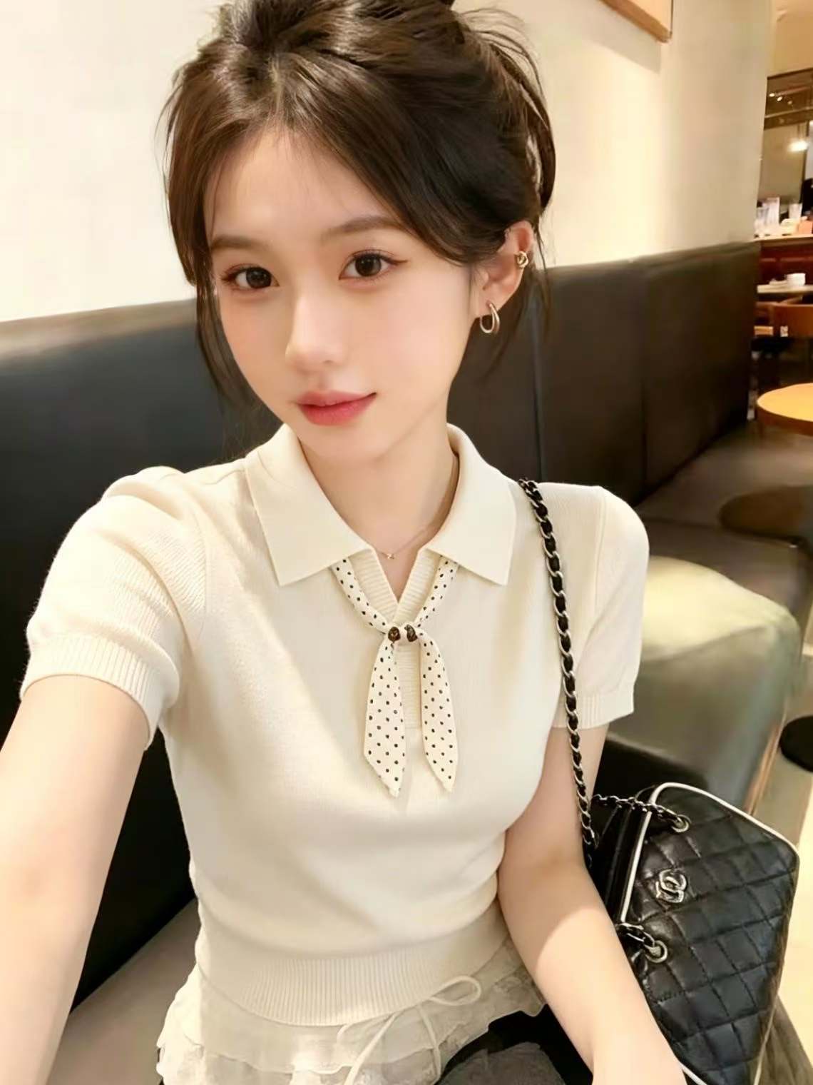 보존 섹션 추천 한 부서 도트 무늬 스카프 폴로 칼라 니트 반팔 여성 여름 새로운 느긋한 바람 외국 가스 맨위