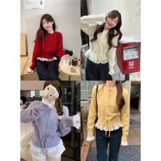 批发韩系甜美荷叶边<b class='q'>蕾丝</b>拼接毛衣系带收腰设计宽松针织<b class='q'>开衫</b>短毛衣女