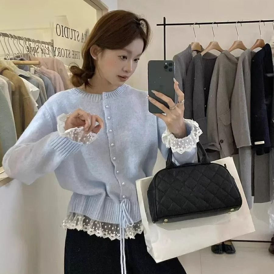 한 부서 달콤함 연령 감소 레이스 레이스 허리 수축 레이스업 스웨터 여성 봄 가을 루즈핏 슬림해 보이는 다용도 라운드 넥 맨위