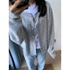 批发韩系波点圆领针织开衫女秋季新款宽松慵懒软糯学院风毛衣外套