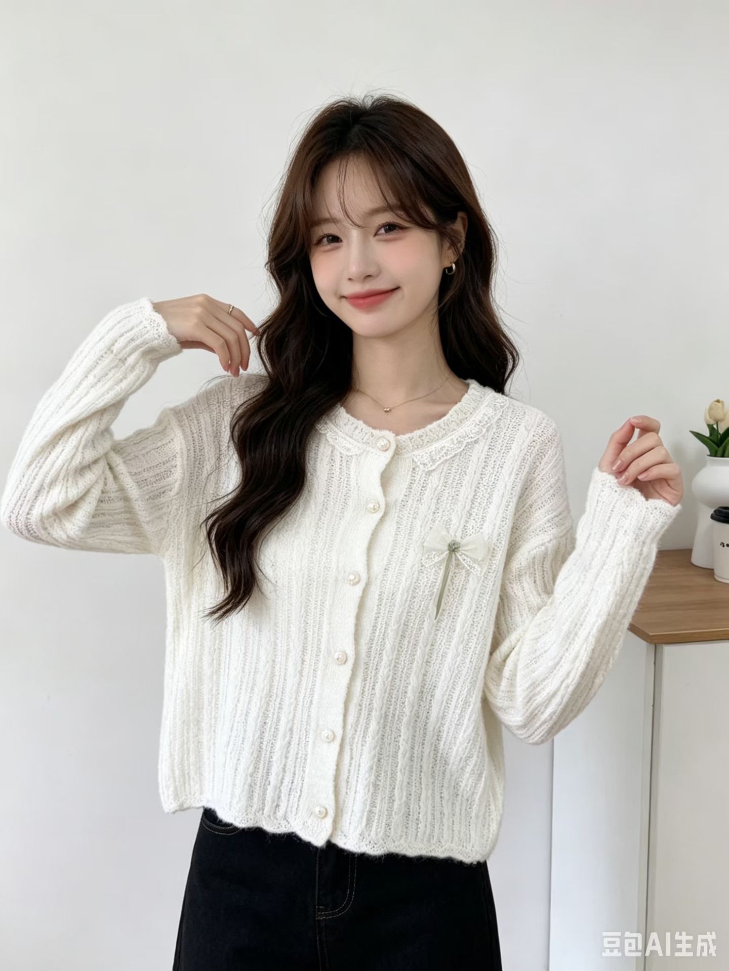 한 부서 꽃 자수 라운드 넥 긴팔 니트 오픈 가디건 여성 가을 새로운 디자인 센스 루즈핏 싱글 줄 버튼 맨위
