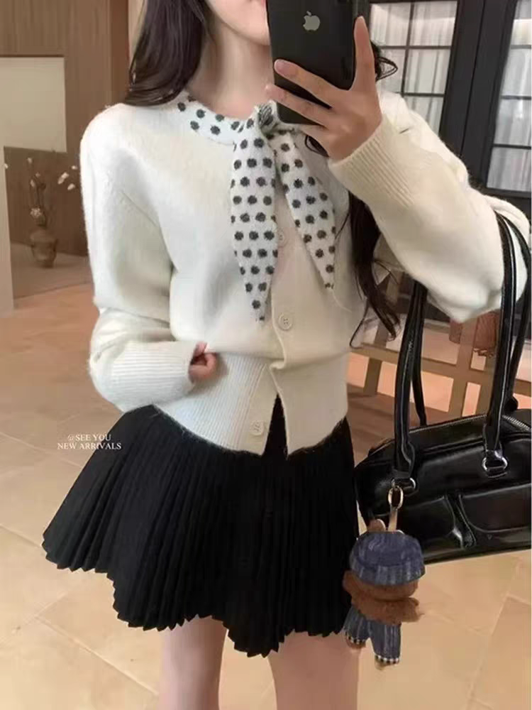 프랑스식 도트 무늬 나비 넥타이 니트 오픈 가디건 여성 슬림해 보이는 부드러운 찹쌀 스웨터 코트 디자인 센스 외국 가스 짧은 맨위