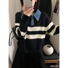 批发假两件牛仔翻领针织衫欧洲站秋<b class='q'>新款</b>条纹<b class='q'>毛衣</b>宽松时尚<b class='q'>毛衣</b>长袖