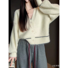 批发韩系复古V领撞色针织开衫女秋冬宽松百搭短款小个子毛衣外套慵懒